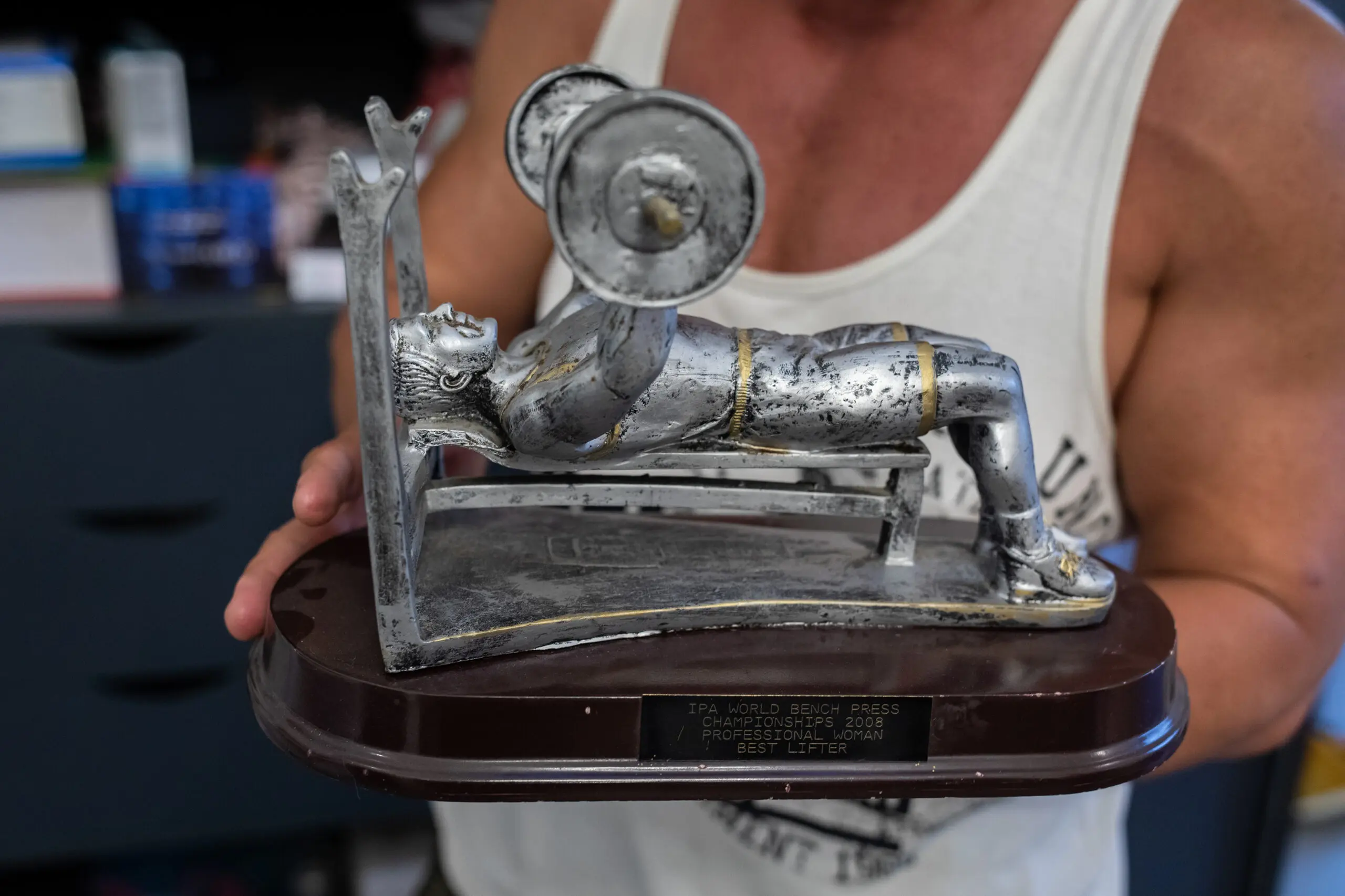 Anna Kurkurina holds the trophy she received after winning the 2008 IPA (International Powerlifting Assocation) Bench Press for Professional Women.